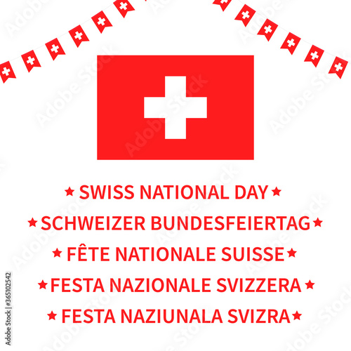 Swiss National Day lettering in English, French, Italian, German and Romansh. Switzerland holiday typography poster. Vector template for banner, flyer, t-shirt, greeting card, postcard, etc.