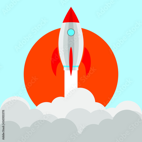 Rocket launch on space in flat style. Space ship startup in sky. Business concept banner. Travel creative background. Science innovation report. Space shuttle lift off on cloud. vector illustration. E