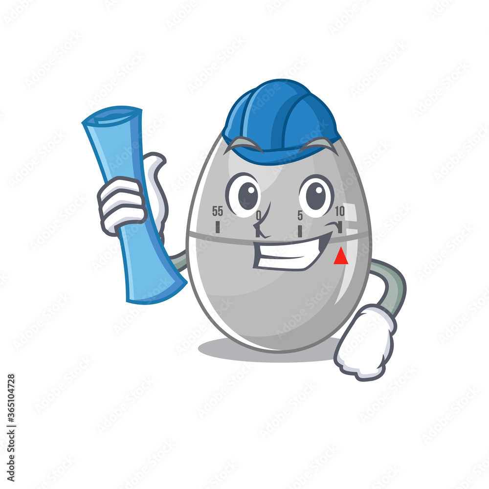 Fototapeta premium caricature picture of egg kitchen timer Architect with blue prints
