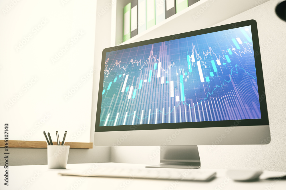 Modern computer monitor with abstract creative financial chart, research and strategy concept. 3D Rendering Modern computer monitor with abstract creative financial chart, research and strategy concept. 3D Rendering