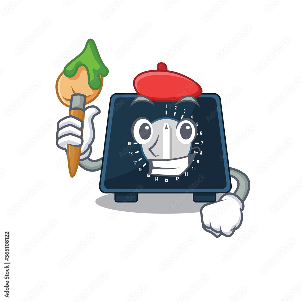 An artistic kitchen timer artist mascot design paint using a brush An artistic kitchen timer artist mascot design paint using a brush