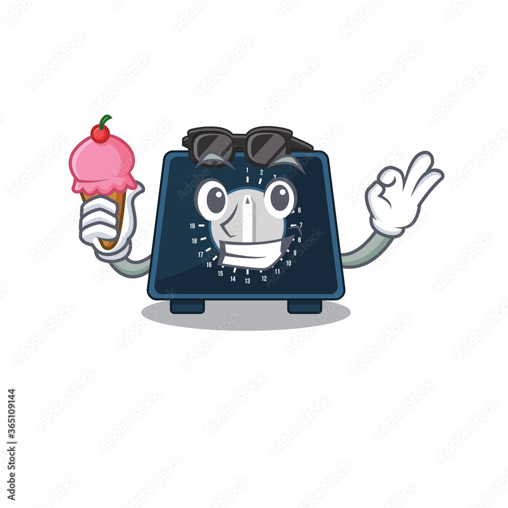 A cartoon drawing of kitchen timer holding cone ice cream