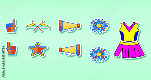 Cheerleading Icons Set Vector. Cheerleaders Accessories. Pompoms, Balloons, Confetti, Megaphone. Isolated Flat Cartoon Illustration