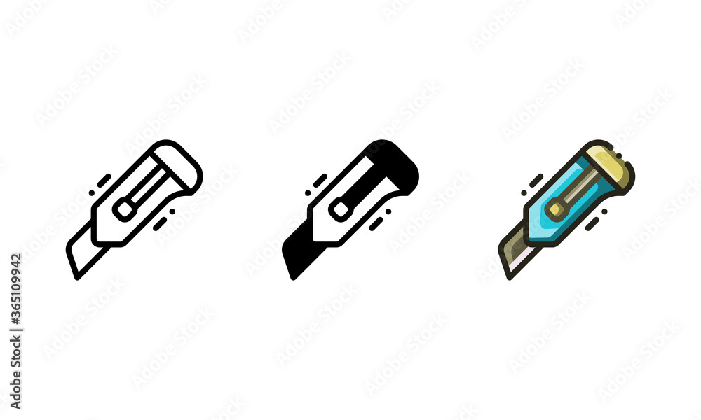 Utility knife icon. With outline, glyph, and filled outline style Utility knife icon. With outline, glyph, and filled outline style