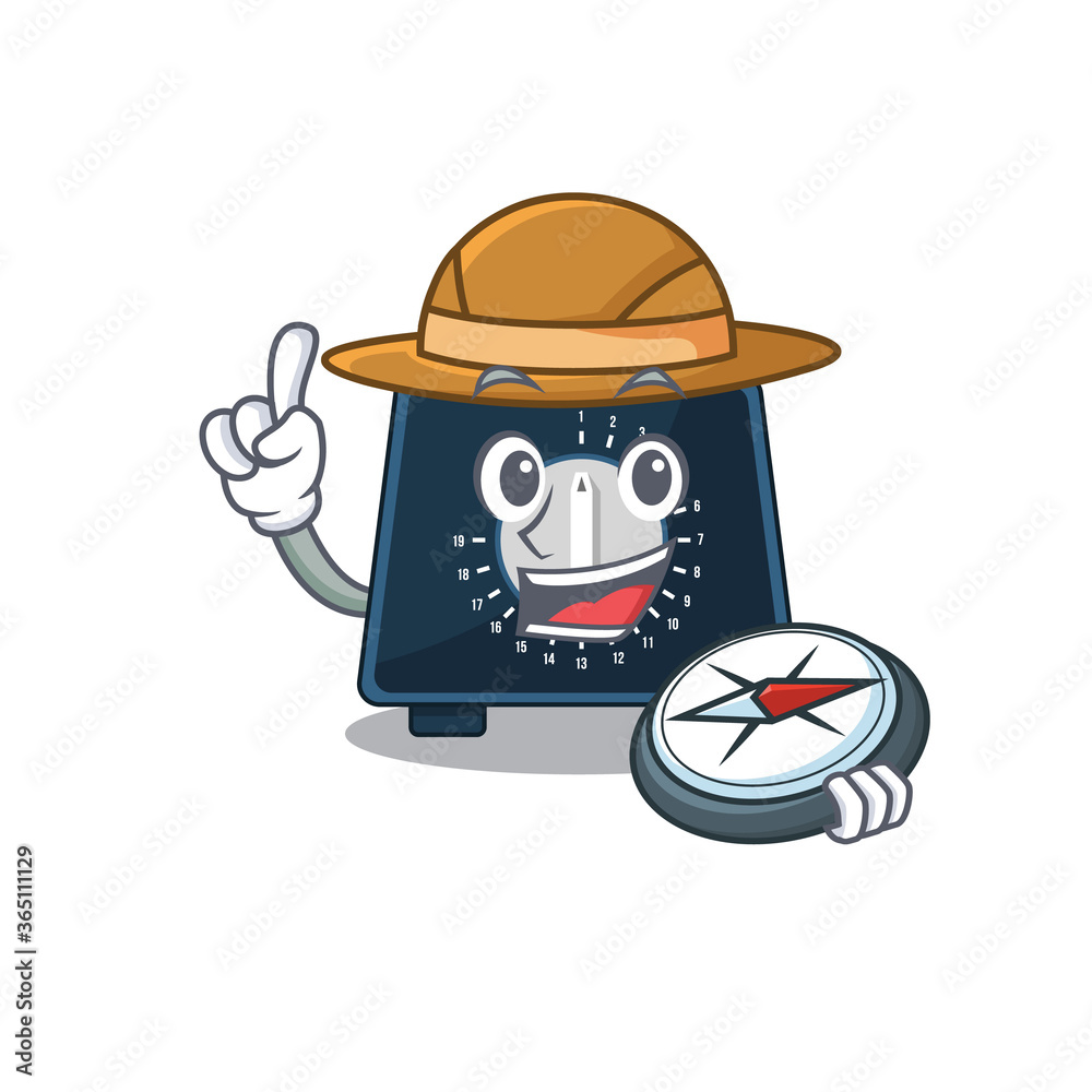 mascot design concept of kitchen timer explorer using a compass in the forest