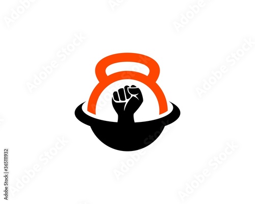 Orange and black kettle bell with strong hand