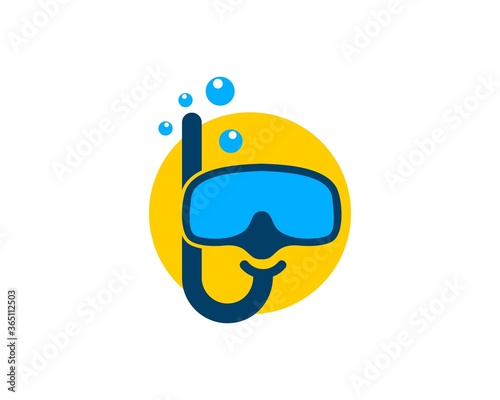 Diving goggles and snorkel with yellow circle behind