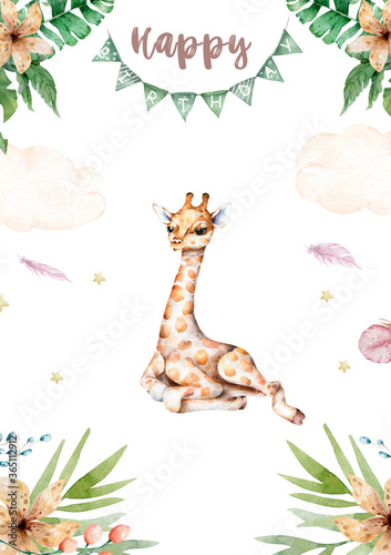 Cute giraffe with flower on head. Watercolor cartoon giraffe isolated tropical animal illustration. Baby shower for twins a boy © Anna Terleeva