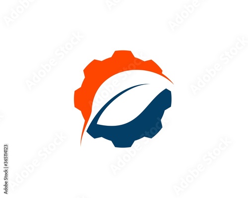 Orange and blue gear with nature leaf inside