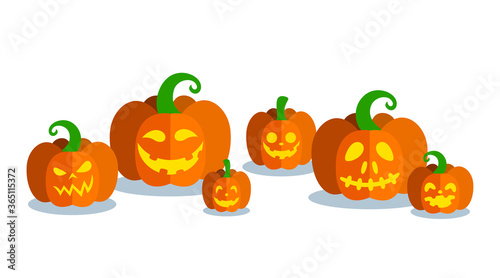 Halloween pumpkins of different forms with carved faces. Horizontal banner with pumpkins. Vector illustration for Halloween party.