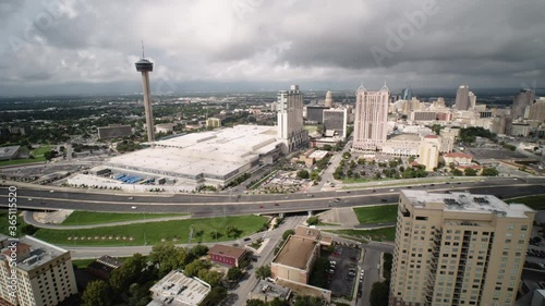 Downtown San Antonio TX Aerial City Skyline & Traffic  photo