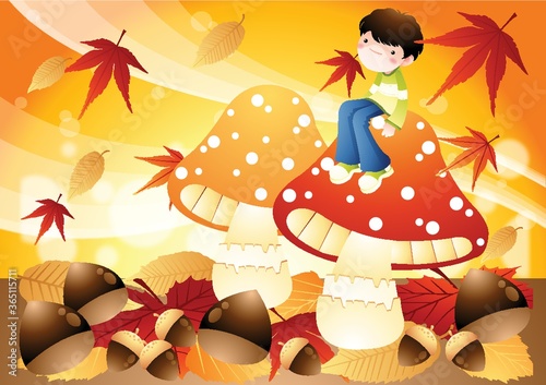 autumn with boy on mushroom