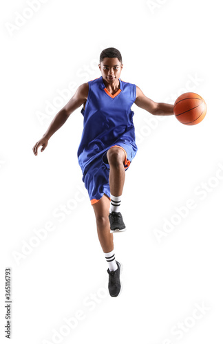 Jumping African-American basketball player on white background © Pixel-Shot
