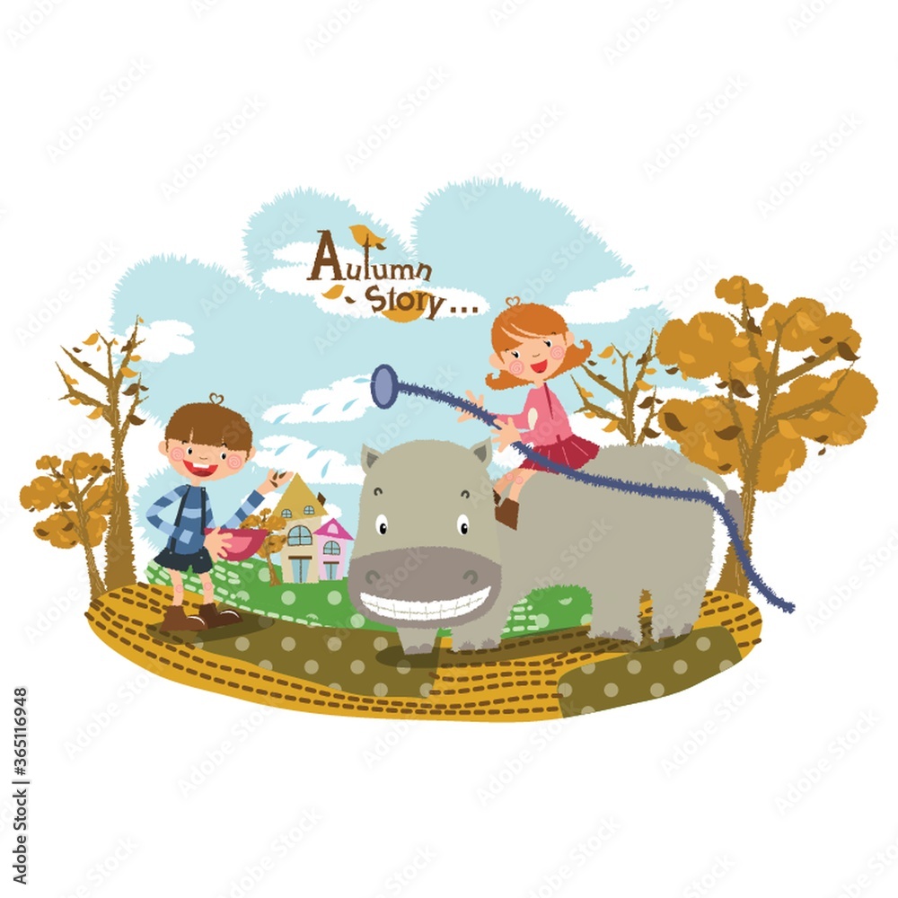 Fototapeta premium children playing with a hippopotamus