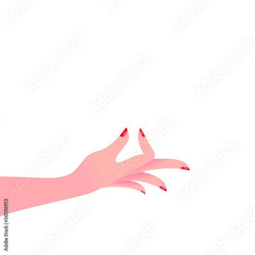 Hold in fingers, female hand with manicure, palm up. Vector illustration, flat cartoon color design, isolated on white background, eps 10.