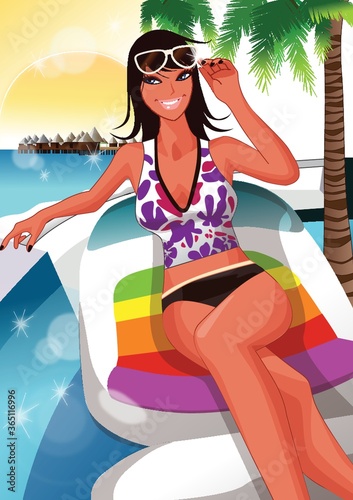 woman posing on a floating lounge chair