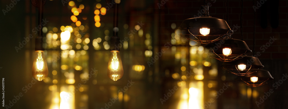 black lamp light in glowing night party in bar and pub interior banner background
