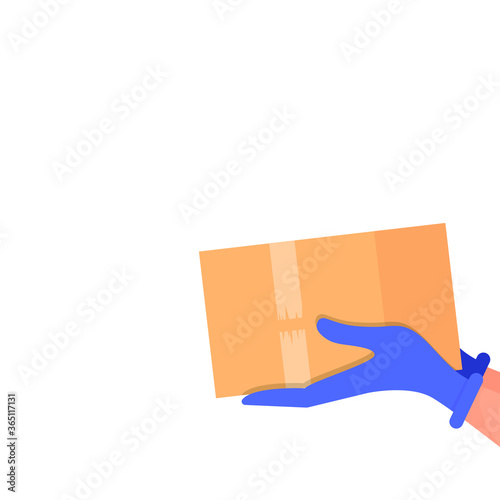 Delivery during quarantine. Hands in gloves hold a cardboard box, parcel, isolated on a white background. Vector illustration, flat color cartoon design, eps 10.