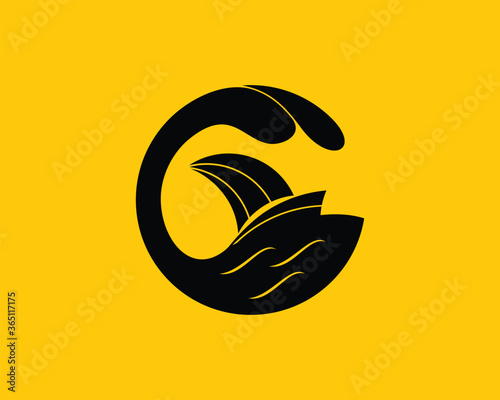 Circle wave with abstract boat inside