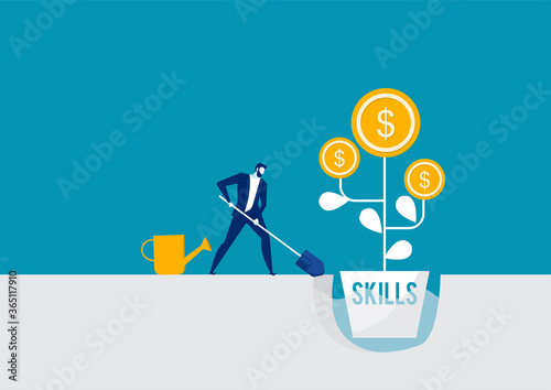 Businessman watering a money tree with skills performance growth work cocept vector illustrator