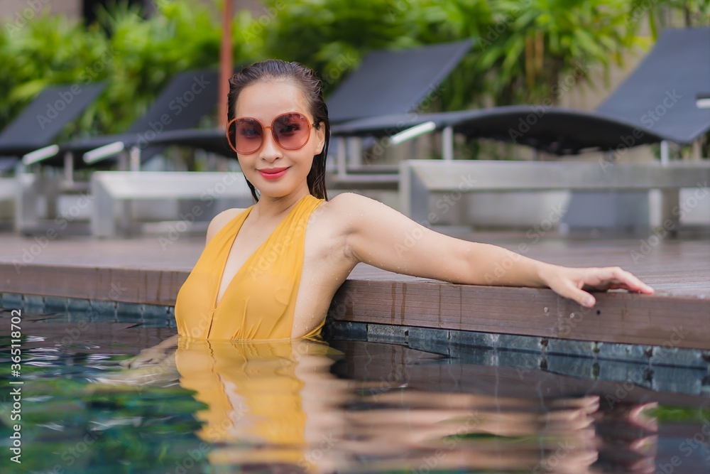 Portrait beautiful young asian woman relax leisure around swimming pool Portrait beautiful young asian woman relax leisure around swimming pool