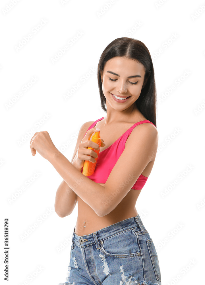Happy young woman with sun protection cream on white background Happy young woman with sun protection cream on white background