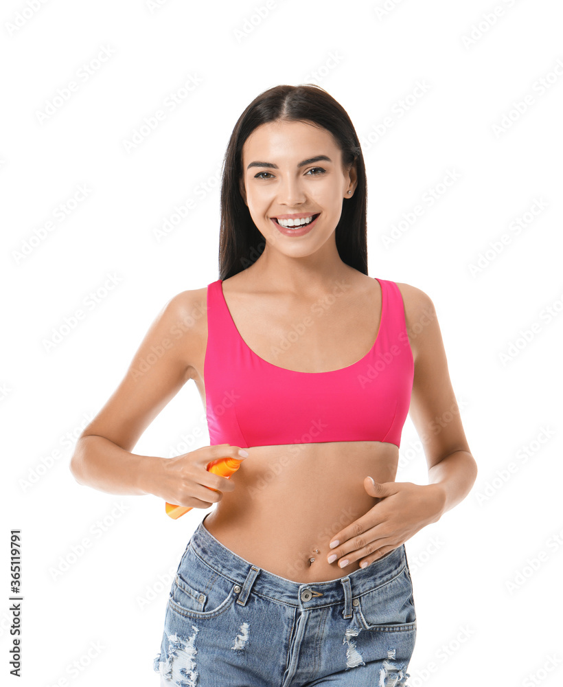 Happy young woman with sun protection cream on white background Happy young woman with sun protection cream on white background