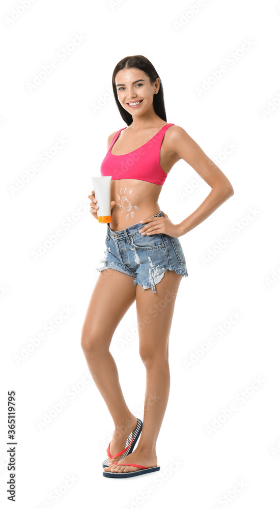 Happy young woman with sun protection cream on white background Happy young woman with sun protection cream on white background