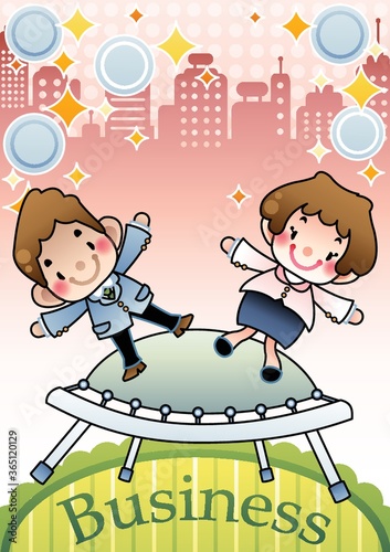 businessman and businesswoman jumping on trampoline