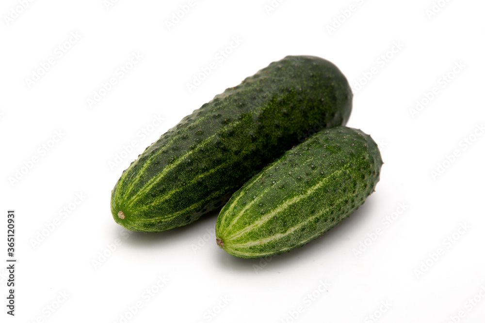 Green cucumbers on a white background. Green cucumbers on a white background.