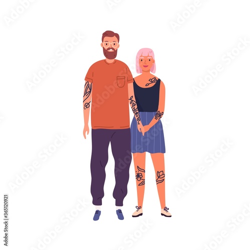 Happy hipster couple posing together holding hands vector flat illustration. Smiling stylish tattooed man and woman isolated on white. Joyful modern people standing having positive emotion
