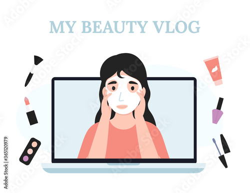 Young blogger or vlogger girl. Girl with a cosmetic mask on her face. Concept flat vector illustration for web landing page, banner, social media, poster, application.