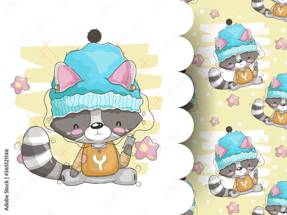 Naklejka premium Cute raccoon listening to music with pattern background