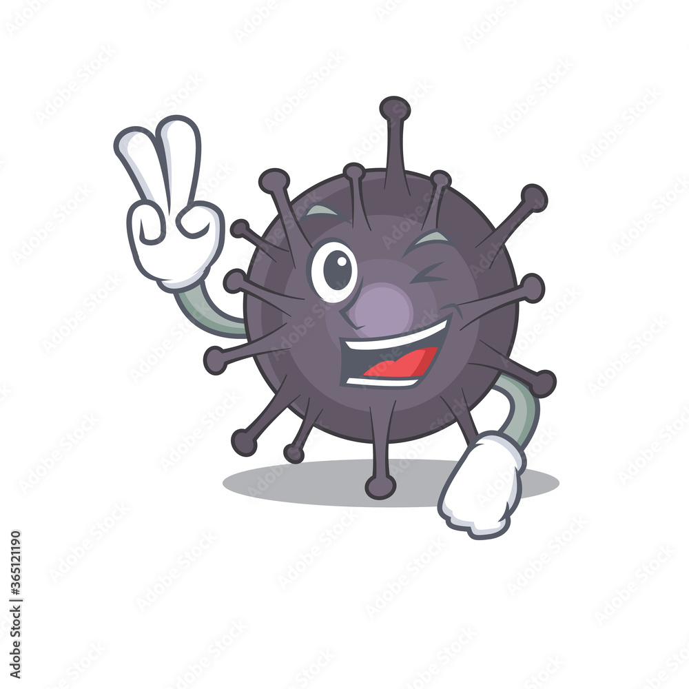 Fototapeta premium A joyful salmonella cartoon mascot style show two fingers pose