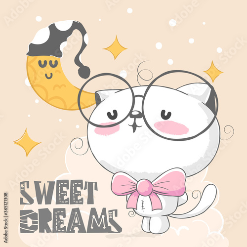 Kitten meowing to the sky with moon and stars