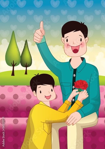 son placing a rose on father shirt
