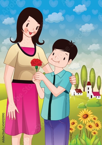 mother with son holding rose flower