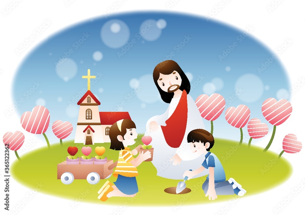 Fototapeta premium jesus watching children planting flowers
