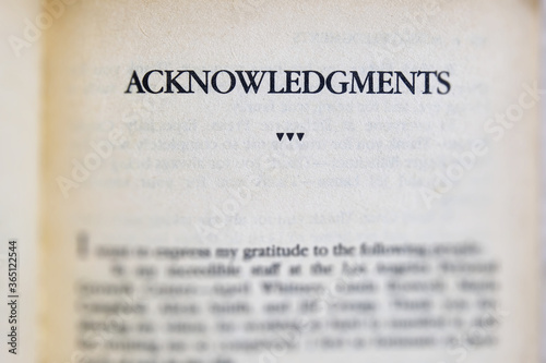 The acknowledgement page of a book - closeup view. photo