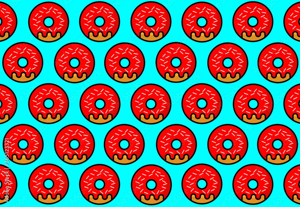 Cute, Sweet and tasty desert Seamless Colorful donut pattern on Blue background. Summer Flat Lay, Minimal sweet food concept. Copy Space.