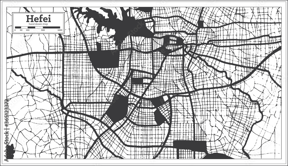Hefei China City Map in Black and White Color in Retro Style. Outline Map.