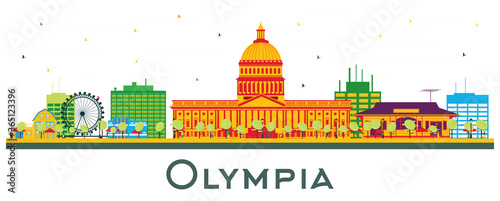 Olympia Washington City Skyline with Color Buildings Isolated on White.