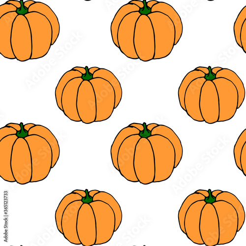 Seamless pattern of orange pumpkins. Background and texture. Symbol autumn, crop, fruitful year, thanksgiving day. Hand drawn vector EPS10 outline illustration, isolated