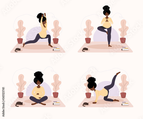 Collection of african pregnant women doing yoga, having healthy lifestyle and relaxation. Bundle of exercises for girls. Modern vector illustration in flat style. Happy pregnancy concept background.