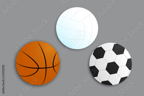 Sports balls for basketball football and volleyball. Set of vector equipment icons for sports games. Stock Photo.