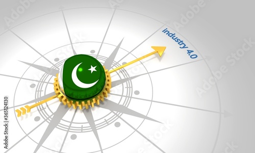 Industry four point zero. 3D rendering. Abstract compass points to the word. Flag of the Pakistan