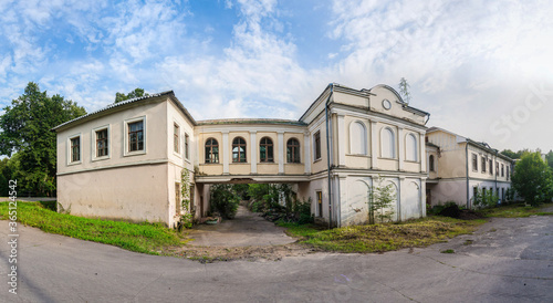 A beautiful old building remains in ruins in Russia.Panorama of the old ruined building.