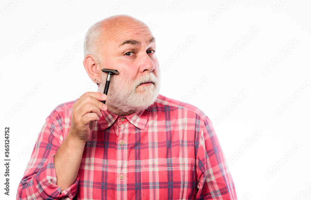 Cool and trendy. unshaven old man has moustache and beard. mature bearded man isolated on white. cut and brush hair. shaving razor blade tool kit. barbershop concept. shaving accessories. copy space Cool and trendy. unshaven old man has moustache and beard. mature bearded man isolated on white. cut and brush hair. shaving razor blade tool kit. barbershop concept. shaving accessories. copy space