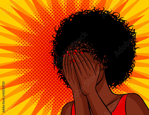 Color vector illustration in comic pop art style. The dark skinned woman covered her face with her hands. African American woman is afraid. Woman in a panic. Black woman scared and upset