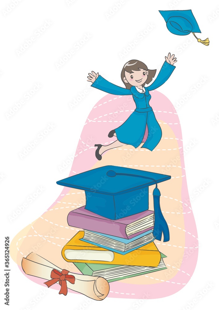 Naklejka premium girl jumping over graduation hat